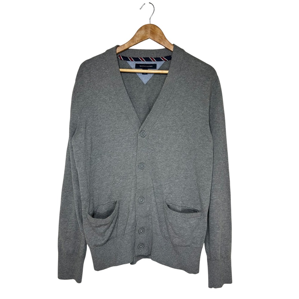 Tommy Hilfiger Cotton Gray V-neck Button-Front Patch Pockets Preppy Cardigan M